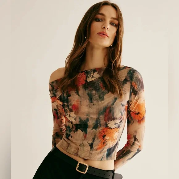 NEW Commense Retro Asymmetrical Collar Crop Top One Shoulder Long Sleeve Large - Picture 3 of 11